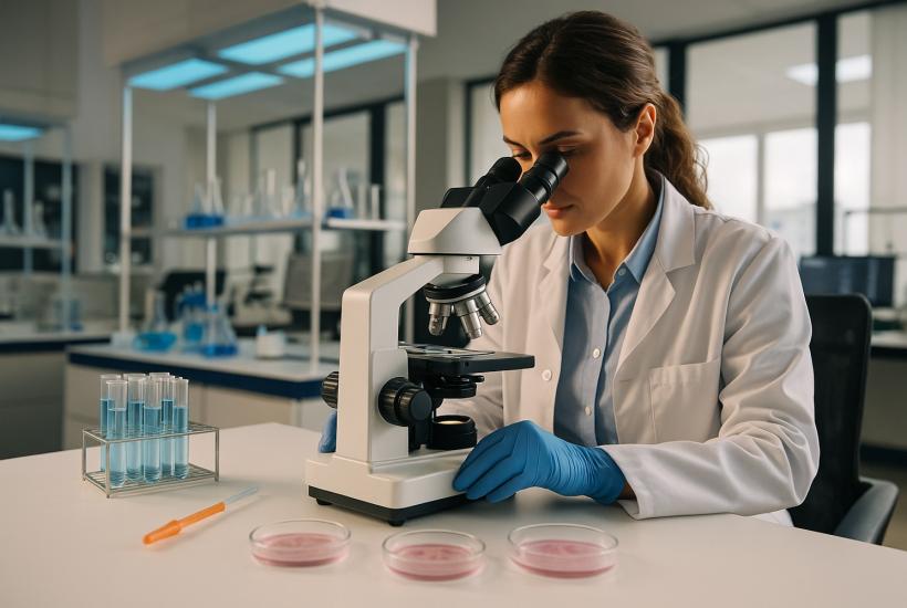 Учёная за микроскопом в лаборатории