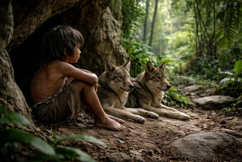 Мальчик у входа в пещеру с волками