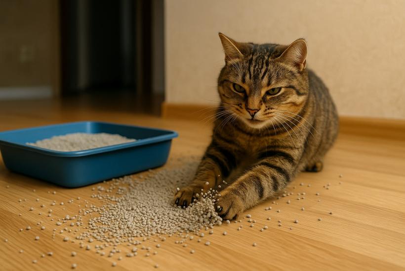 Кот разбрасывает наполнитель