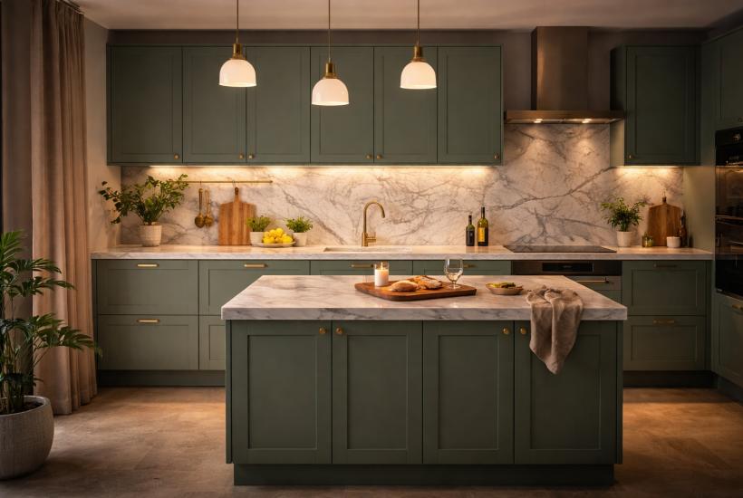Современная кухня в шалфейно-зелёном оттенке