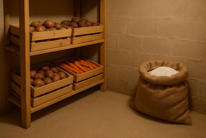 Мешок и овощи в погребе