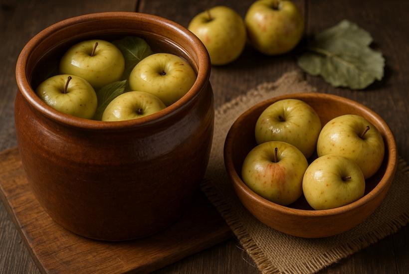 Мочёные яблоки в глиняной посуде