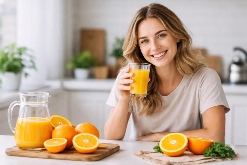 Девушка пьет апельсиновый сок