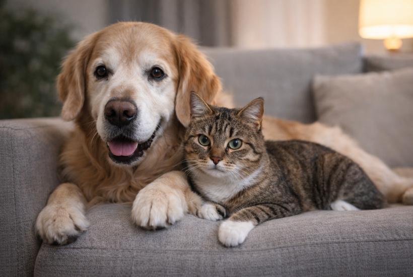Собака и кошка лежат на диване
