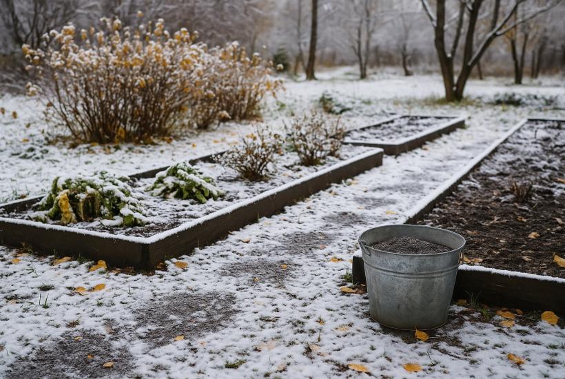 Ведро с удобрениями в саду