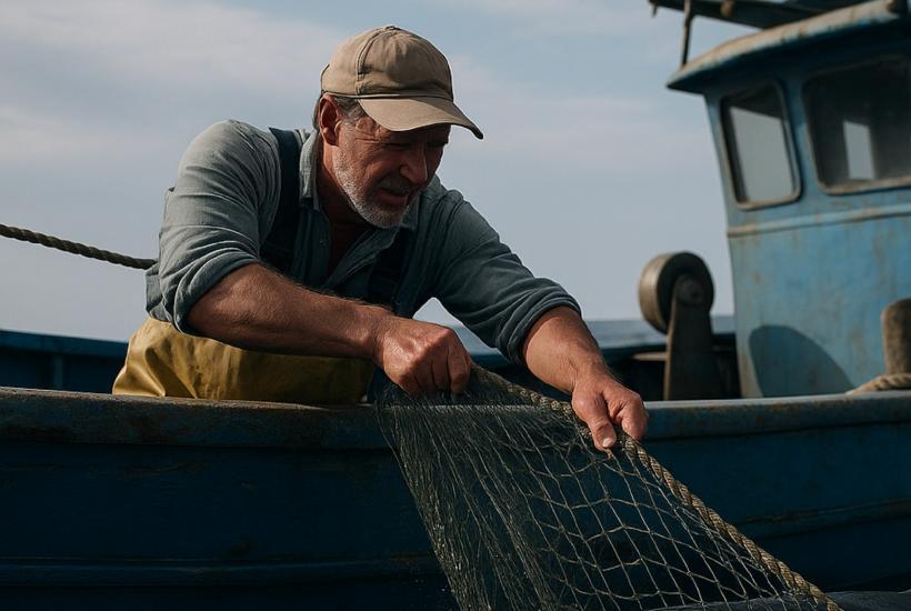 Рыбак вытягивает сеть