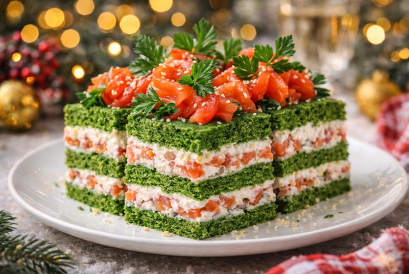 Слоеный закусочный торт с лососем