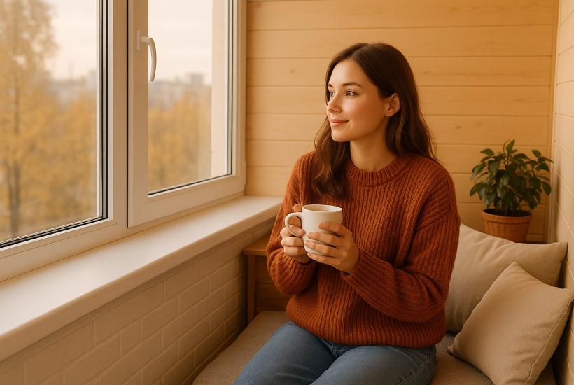 Девушка с кофе на тёплом балконе