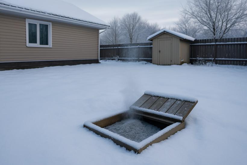 Зимний двор с открытым люком и домом
