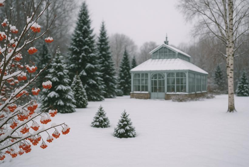 Оранжерея и хвойные деревья зимой
