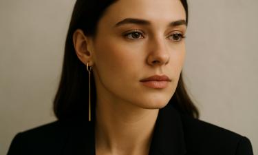 Макияж с цветными тенями и графическими элементами дополняют фигурные серьги