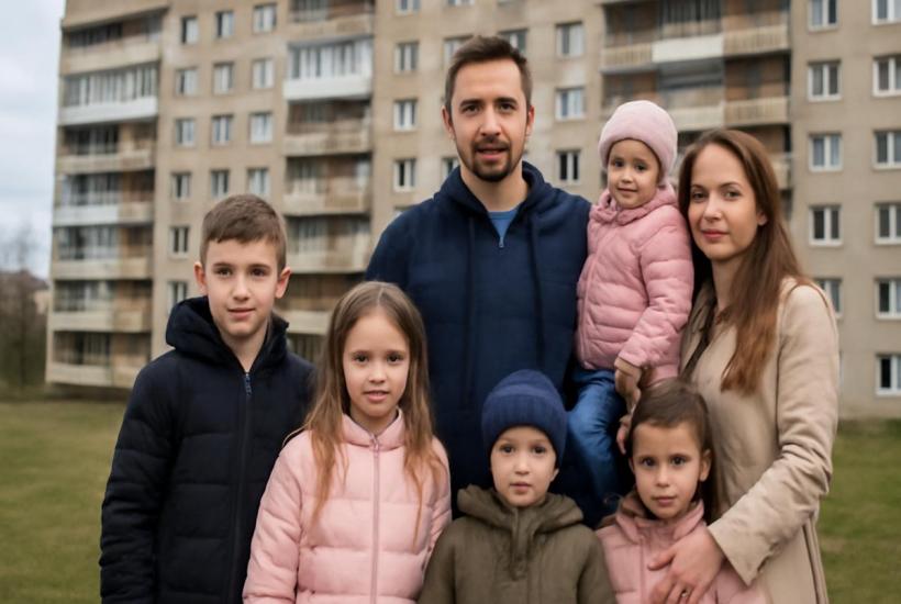 Многодетная семья перед домом Многодетная семья перед домом