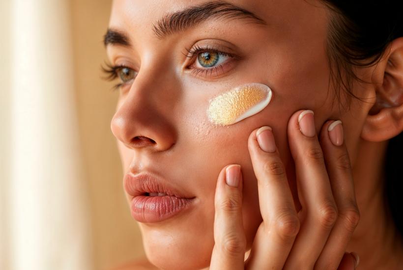 Женщина наносит средство для ухода за кожей на лицо