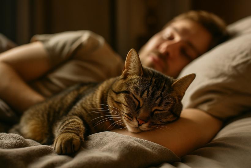 Кошка спит рядом с хозяином