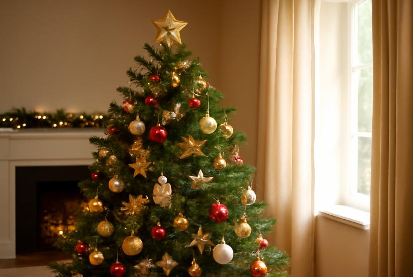 Украшенная новогодняя елка в уютной комнате