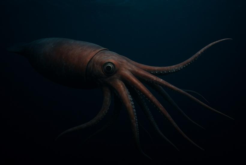 Гигантский глубоководный кальмар в темных водах