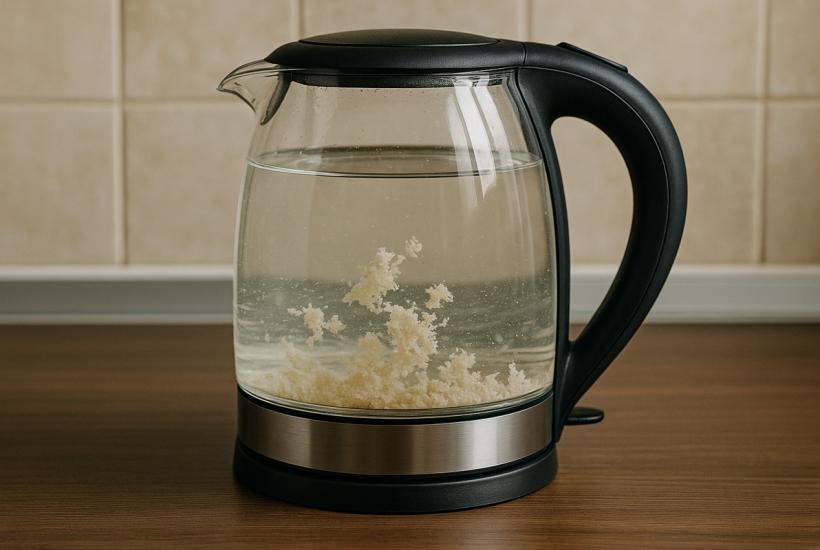 Прозрачный чайник с накипью на кухне