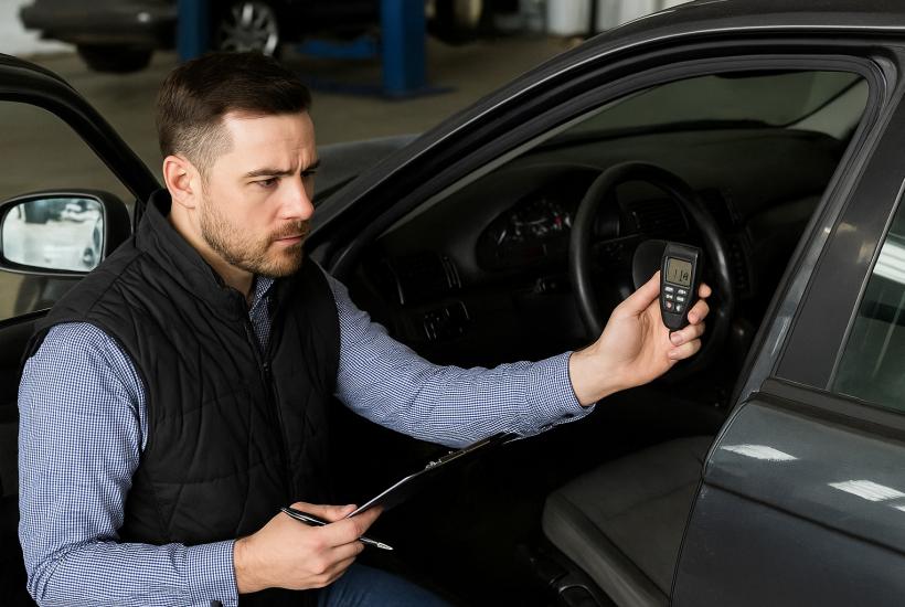 специалист проверяет кузов машины прибором
