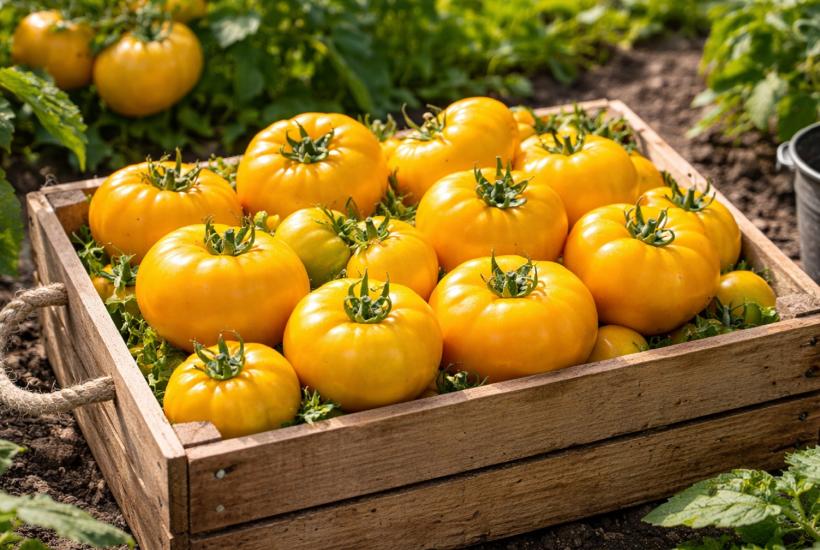 Урожай жёлтых томатов в ящике