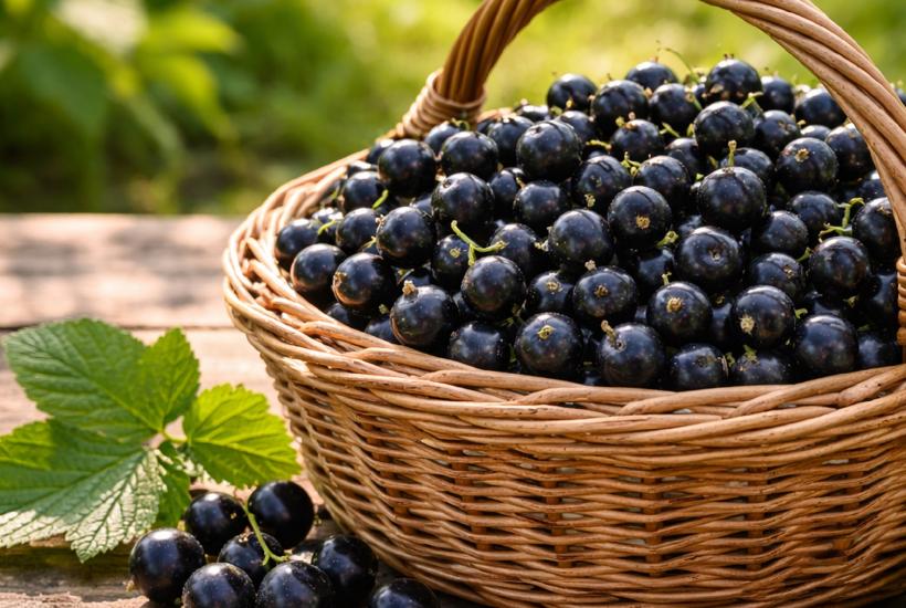 Урожай чёрной смородины в корзинке