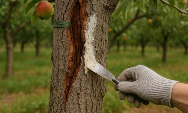 При отслоении коры важно зачистить и продезинфицировать ствол