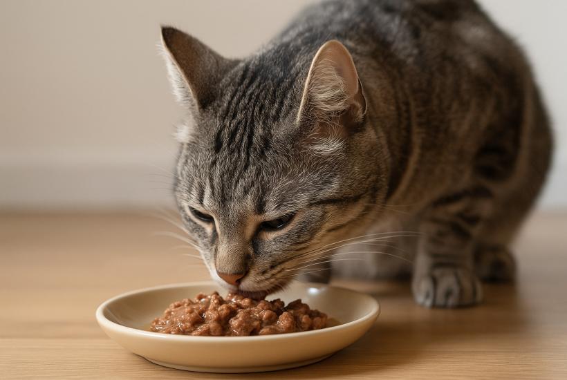 Кошка ест влажный корм