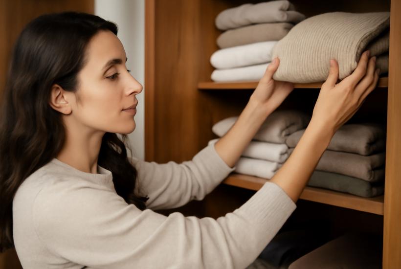 Девушка убирает вещи в шкаф