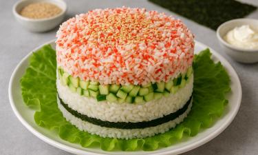 Рис для суши-торта не промывают, чтобы сохранить клейкость