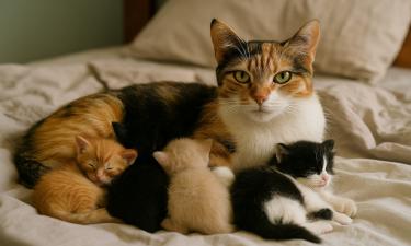 Кошка прерывает опасные действия котят хватом за загривок