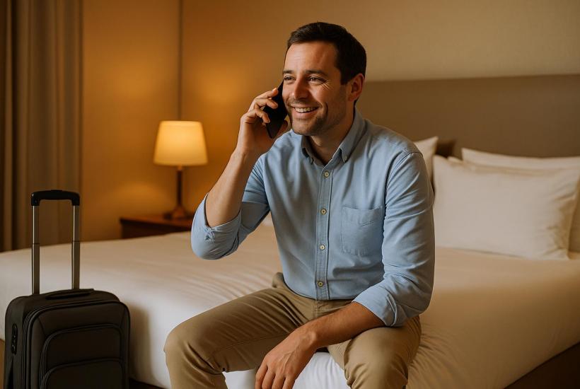 Турист в отеле по телефону