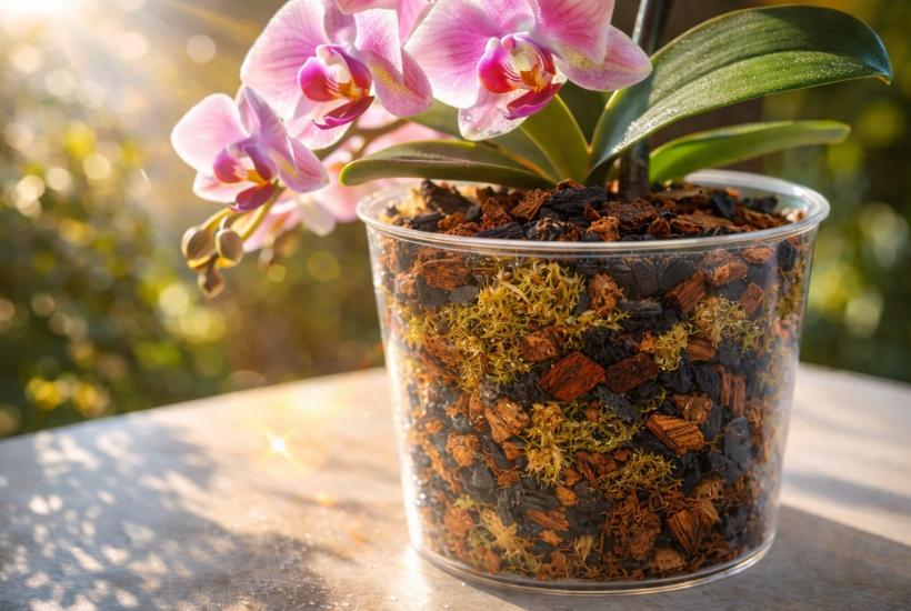 Цветение орхидеи в прозрачном горшке
