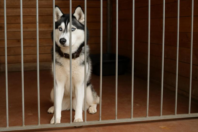 Хаски в приюте за решеткой