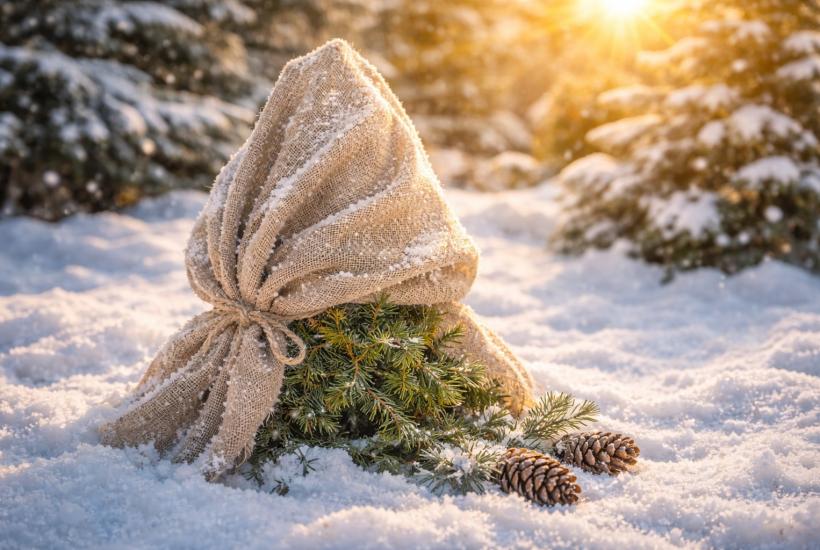 Ель в мешковине на снегу