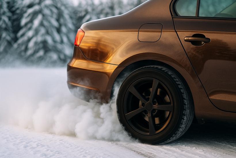 Коричневая машина в дрифте на снегу