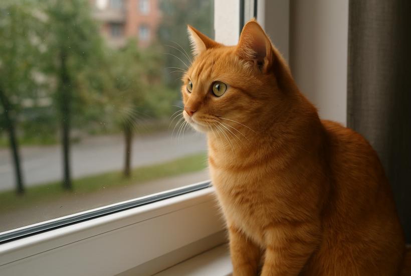кошка смотрит в окно
