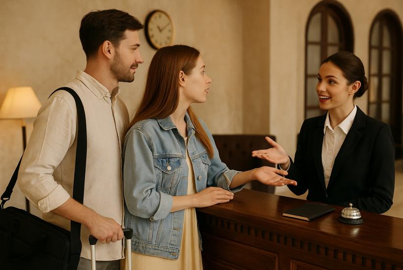 Пара у стойки регистрации в отеле