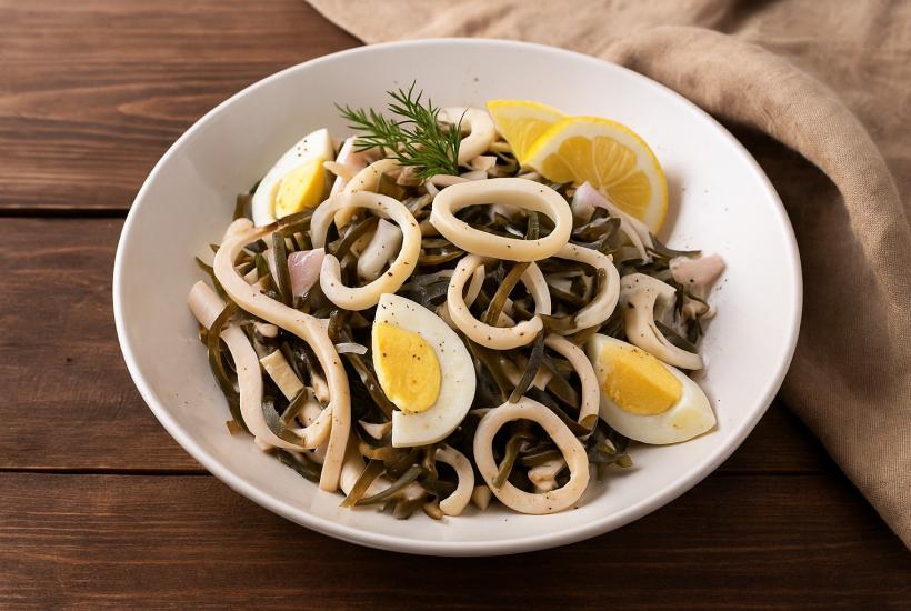 Салат с кальмаром, морской капустой и яйцом