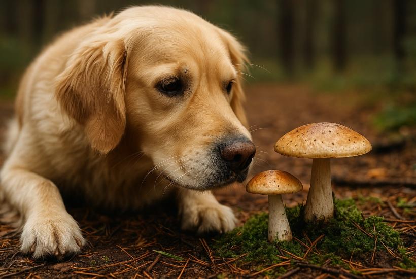 Собака нюхает грибы в лесу