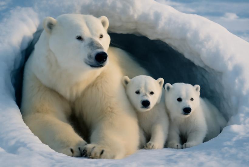 Белый медведь с детёнышами в берлоге