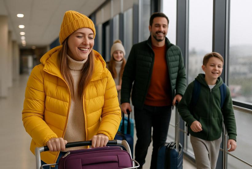 Семья в аэропорту зимой