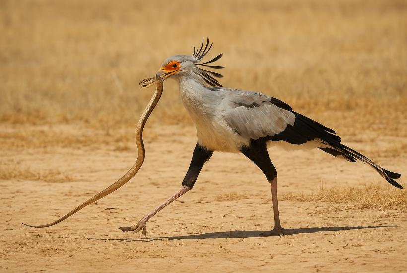 птица-секретарь охотится на змею