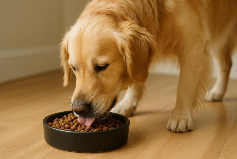 Собака ест из миски