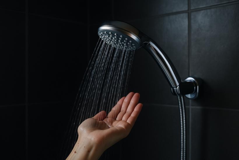 Душевая лейка с водой в тёмной ванной