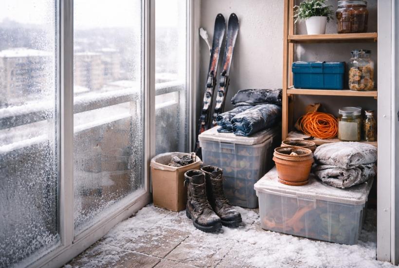 Захламленный балкон зимой