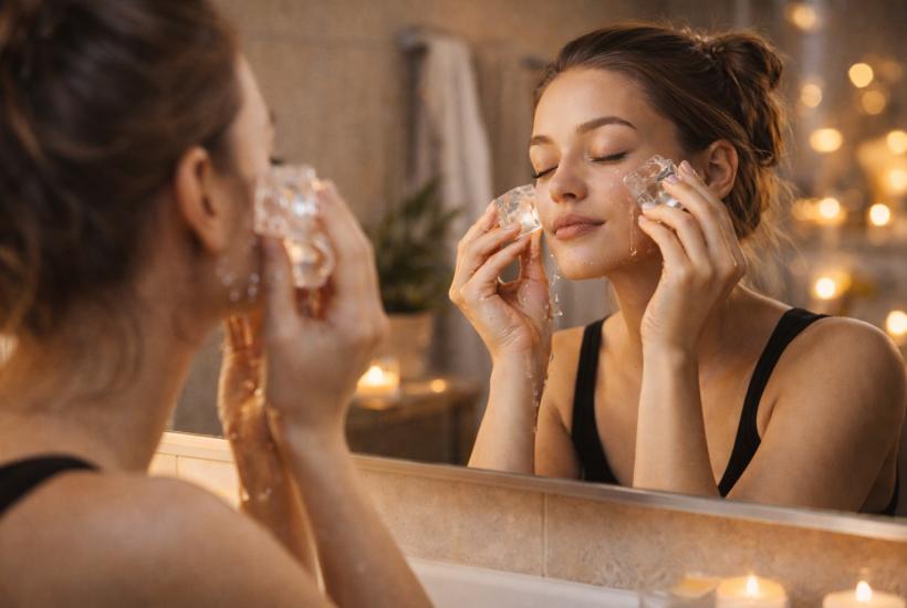 Девушка делает массаж лица кубиками льда