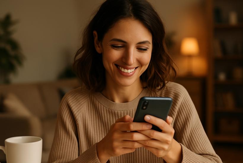 Женщина с телефоном дома