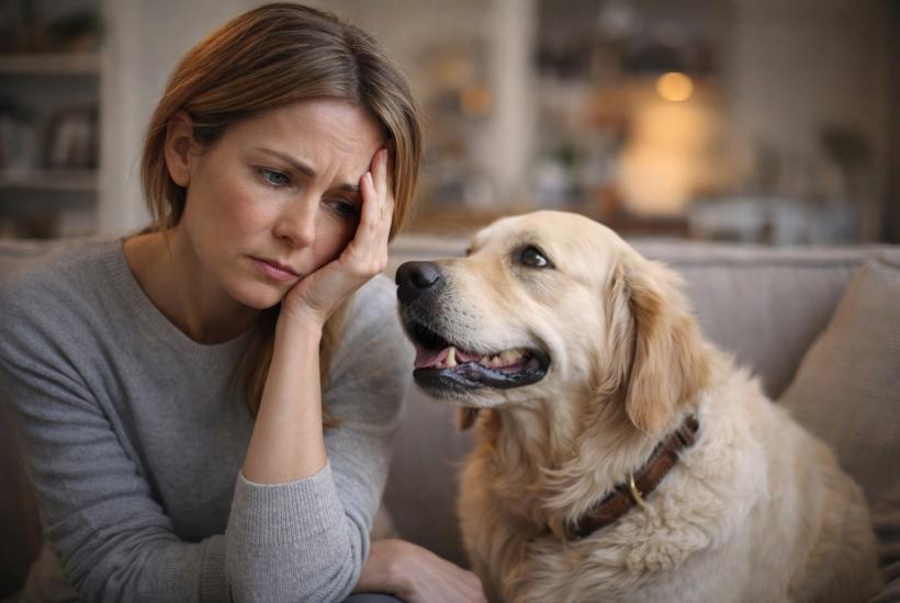 Уставшая женщина с собакой