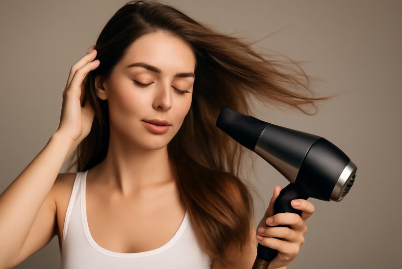 Девушка сушит волосы феном