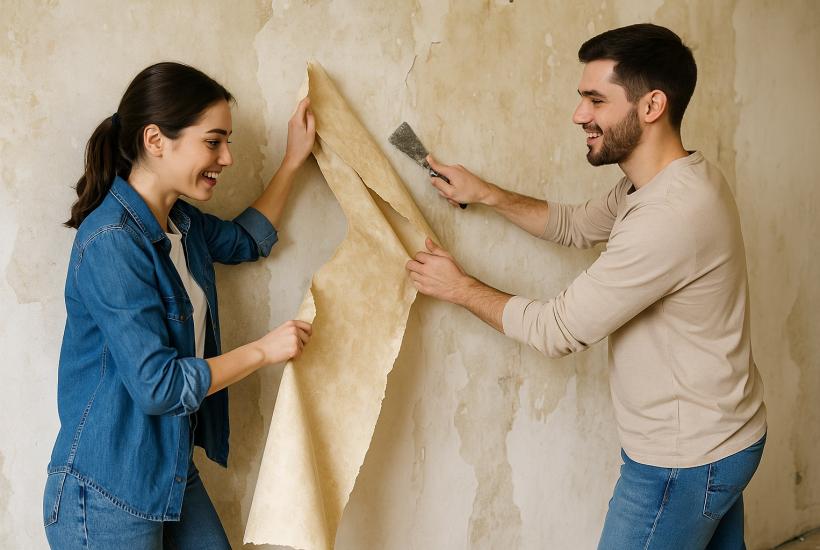 Пара сдирает старые обои